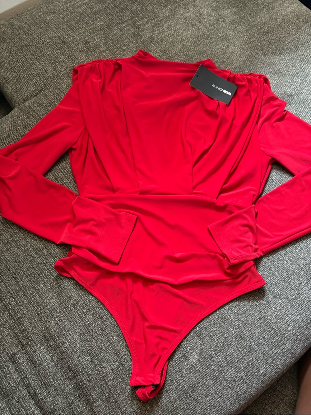 Fashion Nova Red Long Sleeve Bodysuit with Gathered Shoulders